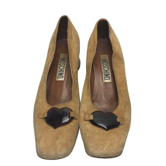 Women’s 8.5 Moschino Suede Heart Heels Vintage Square Toe - Picture 1 of 6